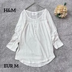 エイチアンドエム　ラウンドヘムカットソー　白　レース　刺繍　透け感　七