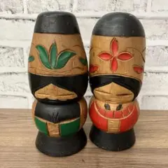 A-壁 昭和レトロ 木製 アイヌ ニポポ こけし 小芥子 2体セット 置物
