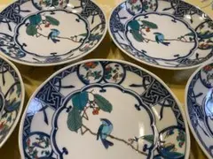 九谷焼　青風窯　染付丸紋花鳥　5.8号皿5枚セット　17.5cmのサムネイル