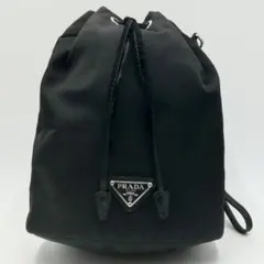 美品　近年モデル　PRADA 巾着バッグ　ポーチ　ナイロン×レザー　三角ロゴ　黒