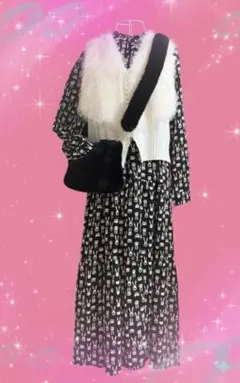 ウサギ柄ロングワンピース & ふわふわファーベスト & ファーバッグ