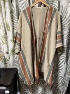 ストライプデザイン フリンジ付きポンチョ