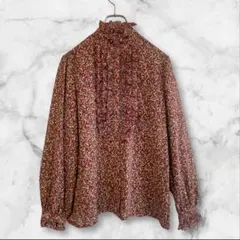 日本製総柄デザインシャツブラウス花柄レトロフリルスタンドカラーレトロ赤古着