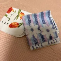 ELLE 花柄 タオルハンカチ 2枚セット　ストライプ/ホワイト　未使用品