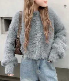 [mily bilet]ボリューム袖クロプドシャギーカーディガン