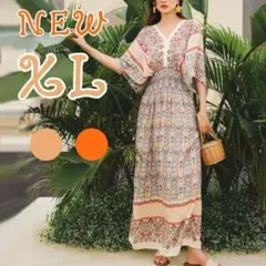 マキシワンピース エスニック ボヘミアン ロング丈 リゾート ベージュ XL