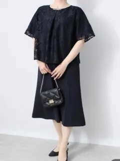 新品レース切替ドッキングワンピースネイビーLL MB結婚式フォーマル卒業式入学式