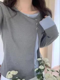 SHEIN グレー リボン装飾 長袖カットソー JP-M