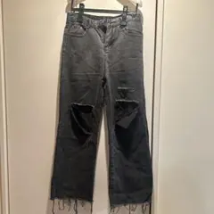 ダメージ加工 グレー ワイドレッグデニム