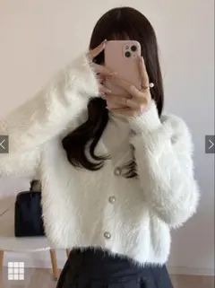 GRLショート丈パールボタンシャギーニットカーディガンアイボリー[kz114a]