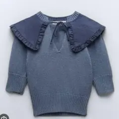 ニット 綿混 ビッグカラー 胸元リボン キーネック