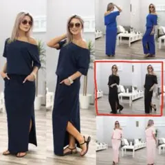 オフショルダー スリット ロングワンピース ポケット ブラック M