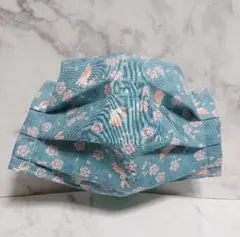 No.39青系にうさぎ模様・ハンドメイドプリーツインナーマスク・ワイヤー有