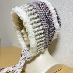 バラクラバ ニット帽 ボンネット 耳あて付き ピンク ホワイト