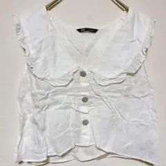 匿名◆ZARA 【L】ホワイト フリル襟 ノースリーブ オシャレボタン トップス