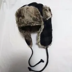 next フライトキャップ 黒✕グレー チェック柄 S-M ファー耳当て 極暖