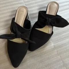 黒ミュール/飾りリボン/ヒール5cm