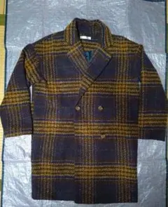 ネイビー・ブラウンチェック柄 ダブルブレストコート Mサイズ