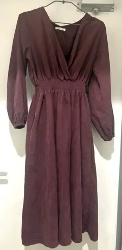 ウエストシャーリング ロングワンピース ボルドー Vネック 長袖