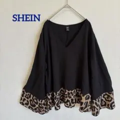 美品✨SHEIN 【1XL】Vネック長袖トップス ブラック　黒　豹柄