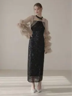 フリルチュールスリーブリボンIラインワンピースドレス結婚式二次会成人式パーティー