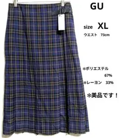 GU レディース　チェックプリーツミディスカート　XL ブルー