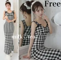 新品タグつき ダーリッチ ブラック ギンガムジャガードニットロングワンピース F