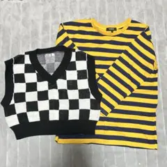 ニットベストとストライプ長袖トップスセット
