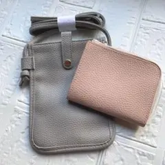 HABA 未使用　レザー風スマホショルダーバッグ グレー　ミニ財布　ピンク　牛革
