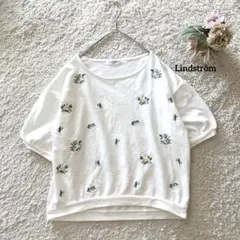 Lindström 花柄刺繍 バルーン袖Tシャツ M ホワイト ポリ綿