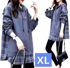 パーカーチュニックワンピースチェックXL レディース 長袖大きいサイズゆったり