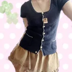 ネイビー　半袖ニットカーディガン