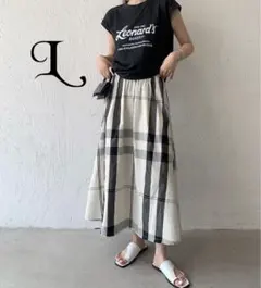 Aライン チェック フレアスカート ロング マキシ丈 体型カバー ホワイト L