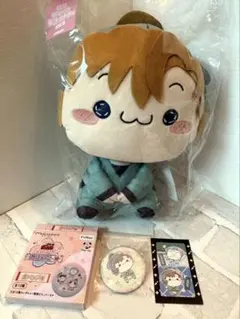 フリューくじ　忍たま乱太郎　善法寺伊作　もちぴこBIGぬいぐるみ　缶バッジ