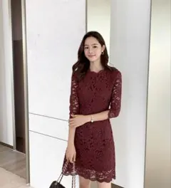 【最終値下げ】 バーガンディ レース 花柄 七分袖 ワンピース