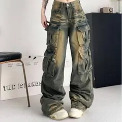 デニム カーゴパンツ ヴィンテージ加工 ワーク ゆったり ポケット 定番　通年