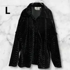 レア✨ベロア風ジャケット 【L】黒　総柄　海外古着　1点もの　オシャレ