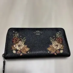 【 希少 】COACH コーチ 長財布 ラウンドジップ 刺繍 花柄 黒