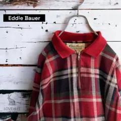 ハーフジップ　ポロシャツ　赤チェック柄　長袖　エディーバウアー