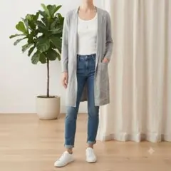 【PLST】プラステ フード付き ロングカーディガン グレー さらりとした肌触りのサムネイル