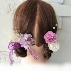 紫リボン×花飾り ヘアアクセサリーセット 成人式 七五三 ディズニー ハロウィン