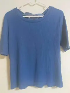 【試着のみ】 半袖 リブニット リボン 青 ブルー