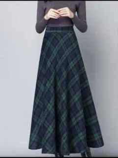 フレアロングスカート ネイビーグリーンチェック