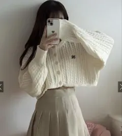 GRL ロゴ刺繍ケーブルニットショート丈カーディガン　k9311d オフホワイト