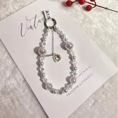 パールビーズスマホホルダーストラップ ホワイト色キラキラ バッグチャーム新品即納