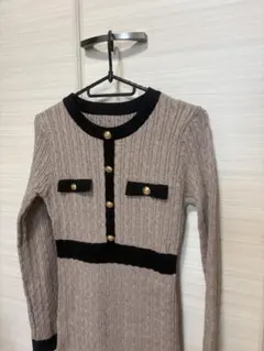 グレー リブ編み 長袖ニットワンピース