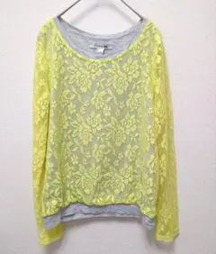 美品 Forever21 長袖花柄レースカットソー Sサイズ 黄色のサムネイル