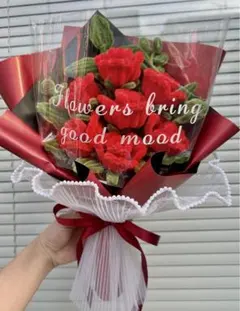 ハンドメイド　モールフラワー 枯れない花　赤バラブーケ　バレンタイン　紙袋付き