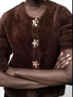 【お値下げ】ZARA フェイクファー ニットカーディガン XL ブラウン