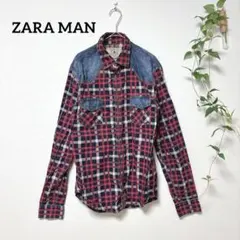 ZARA MAN チェックシャツ デニム切替 長袖シャツ スリムフィット赤 紺M